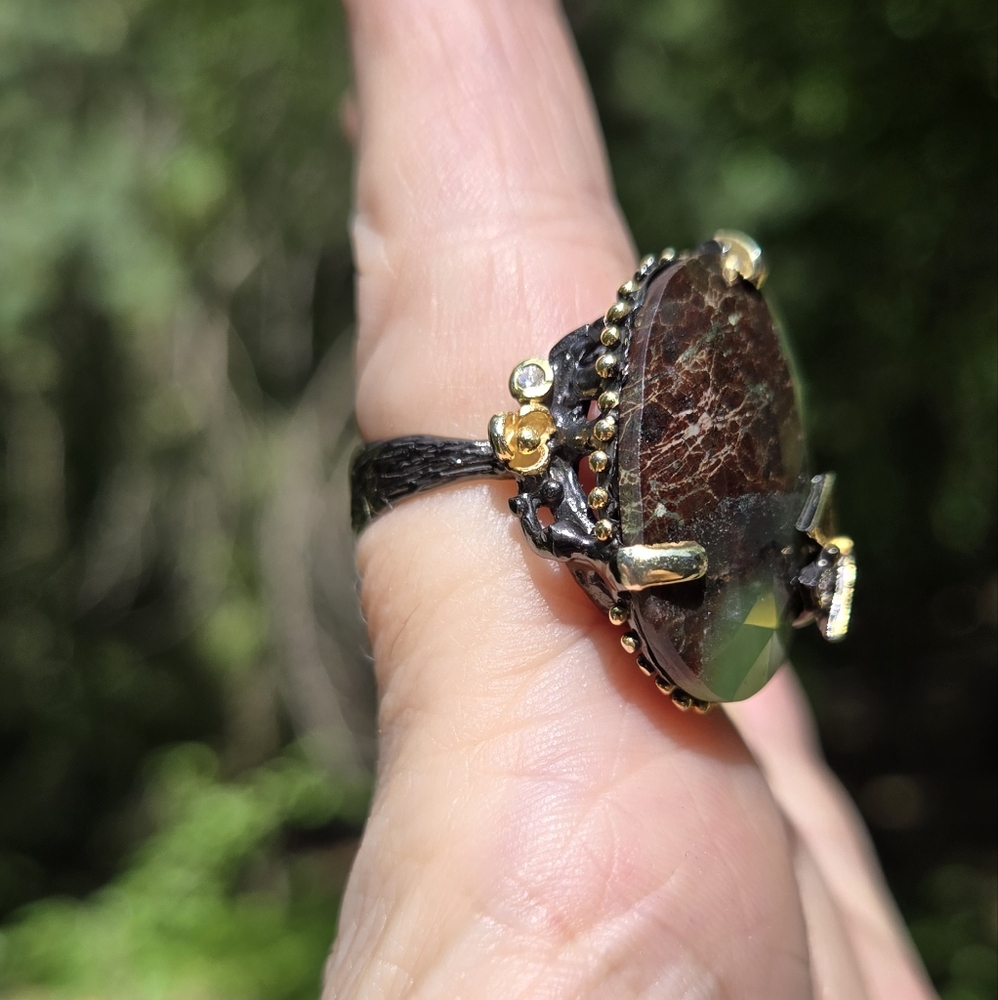 Chrysoprase 30k HUGE & Topaz sterling & gold ring sz7 - Picture 6 of 10